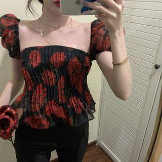 Flower Print Puff-sleeve Chiffon Blouse Red - One Size