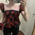 Flower Print Puff-sleeve Chiffon Blouse Red - One Size