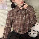 Plaid Zipped Lace Up Crop Shirt Dark Brown - One Size