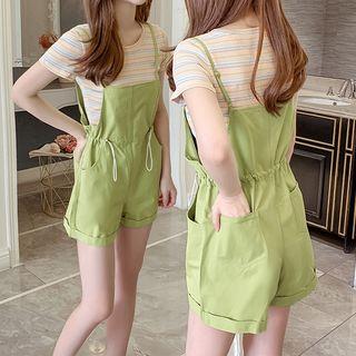Set: Short-sleeve Striped Ribbed T-shirt + Drawcord Jumper Shorts