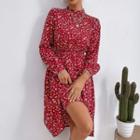 Floral Long-sleeve Mock-neck A-line Dress