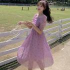 Square-neck Floral Mesh A-line Dress
