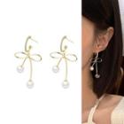 Bow Faux Pearl Alloy Dangle Earring 1 Pair - Gold & White - One Size