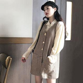 Flare Sleeve Shirt / Sleeveless Plaid Mini Dress