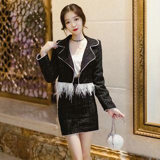 Set: Fringe-trim Tweed Jacket + Tweed Mini Skirt