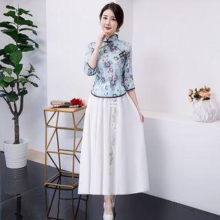 Set: Flower Print 3/4-sleeve Chinese Traditional Blouse + Flower Embroidered Midi A-line Skirt
