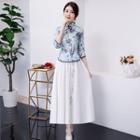 Set: Flower Print 3/4-sleeve Chinese Traditional Blouse + Flower Embroidered Midi A-line Skirt