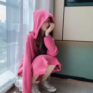 Set: Plain Loose-fit Hooded Knit Top + Skirt