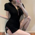 Hooded Short-sleeve Striped Zip Slim-fit Dress