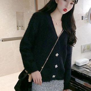 Rhinestone Button Cardigan / A-line Mini Skirt