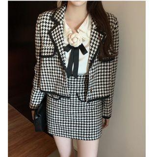 Houndstooth Jacket / Mini Pencil Skirt / Plain Shirt / Flower Accent Bow Tie / Set