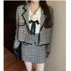 Houndstooth Jacket / Mini Pencil Skirt / Plain Shirt / Flower Accent Bow Tie / Set