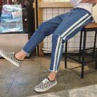 Striped Ripped Cropped Straight Cut Jeans