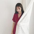 Buttoned Wrap-front Flutter-sleeve Dress Wine Red - One Size