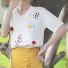 Floral Embroidered Short-sleeve V-neck Knit Top