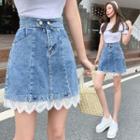 Lace Hem Denim Mini A-line Skirt