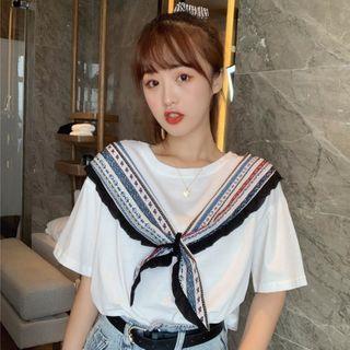 Mock Two-piece Elbow-sleeve Tie-front T-shirt