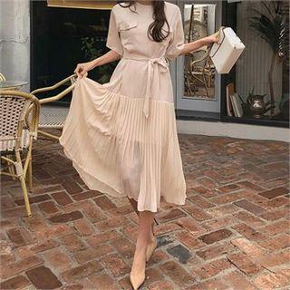 Accordion-pleat Midi Dress With Sash Beige - One Size