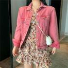 Denim Jacket / Long-sleeve Floral Print Mini A-line Dress