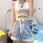 Letter Print Drawstring Cutout Halter Top White - One Size