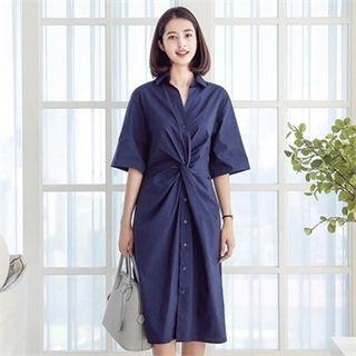 Elbow-sleeve Twist-front Shirtdress