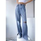 Cutout Side-slit Straight-cut Jeans