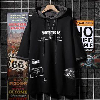 Short-sleeve Mock Two-piece Lettering Hoodie