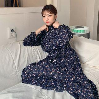 Frilled High-neck Long Floral Dress