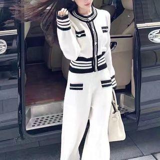 Set: Contrast Trim Cropped Cardigan + Knit Pants