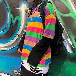 Mock Two-piece Striped Long-sleeve T-shirt Stripe - Multicolor - One Size