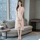 Lace-up Short-sleeve Midi A-line Lace Dress