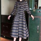 Plaid Frog-buttoned Midi A-line Shirtdress Navy Blue - One Size