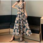 V-neck Print Open-back Suspender Skirt