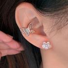 Set: Flower Stud Earring + Butterfly Ear Cuff Set Of 2 - 1 Pair - Flower Stud Earring & 1 Pc - Butterfly Ear Cuff - Silver - One Size