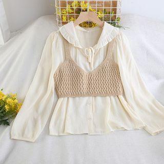 Set: Bow Detail Shirt + Knit Cropped Camisole Top