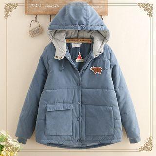 Bear Applique Buttoned Padded Hooded Coat