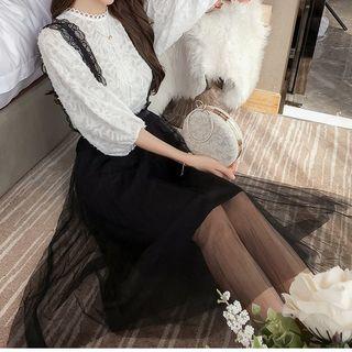 Set: Elbow-sleeve Lace Top + Maxi Sheer Jumper Skirt