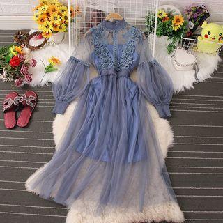Set: Long-sleeve Floral Applique Mesh Midi A-line Dress + Slipdress