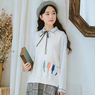 Cat Embroidered Knit Vest Off-white - One Size