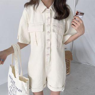 Plain Elbow Sleeve Collared Playsuit