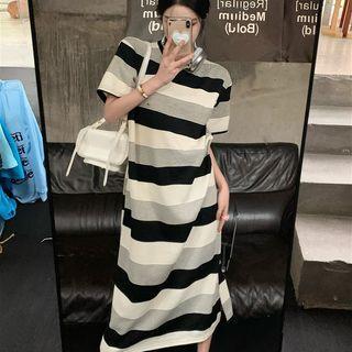 Striped Midi T-shirt Dress Black & White - One Size