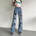 Low-rise Spattered Distressed Straight Leg Jeans