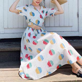 Short-sleeve Printed Drawstring-waist Dress