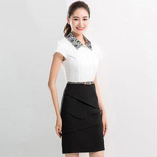 Short-sleeve Mock Two-piece Pencil Dress