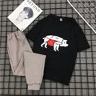 Set: Pig Print Short-sleeve T-shirt + Drawstring Sweatpants