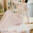 Long-sleeve Bow-accent Lace Chiffon Long Dress