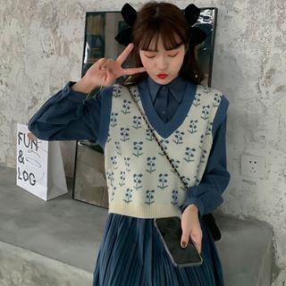 Flower Sweater Vest / Midi Shirt Dress