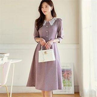 Elbow-sleeve Lace-collar Dress