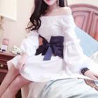 Elbow-sleeve Off Shoulder Ribbon-waist A-line Dress