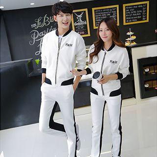 Set: Couple Contrast-trim Lettering Baseball Jacket + Color-block Pants